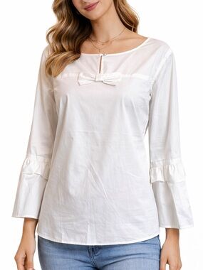 Talbots NWOT White Bell Sleeve Bow Front Top Sz Medium‎